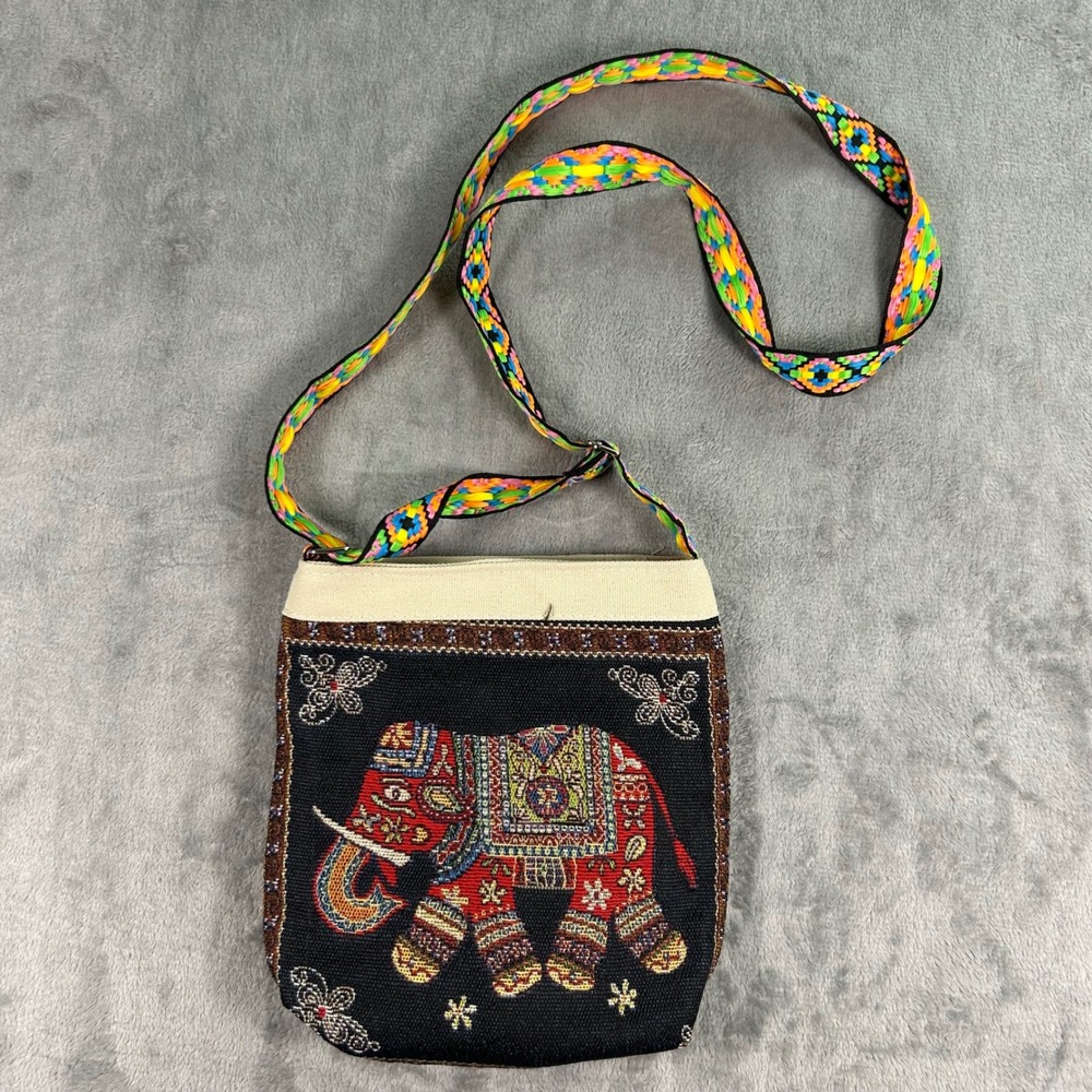 Boho Woven Elephant Crossbody Bag Multicolor Geometric Adjustable Strap Black